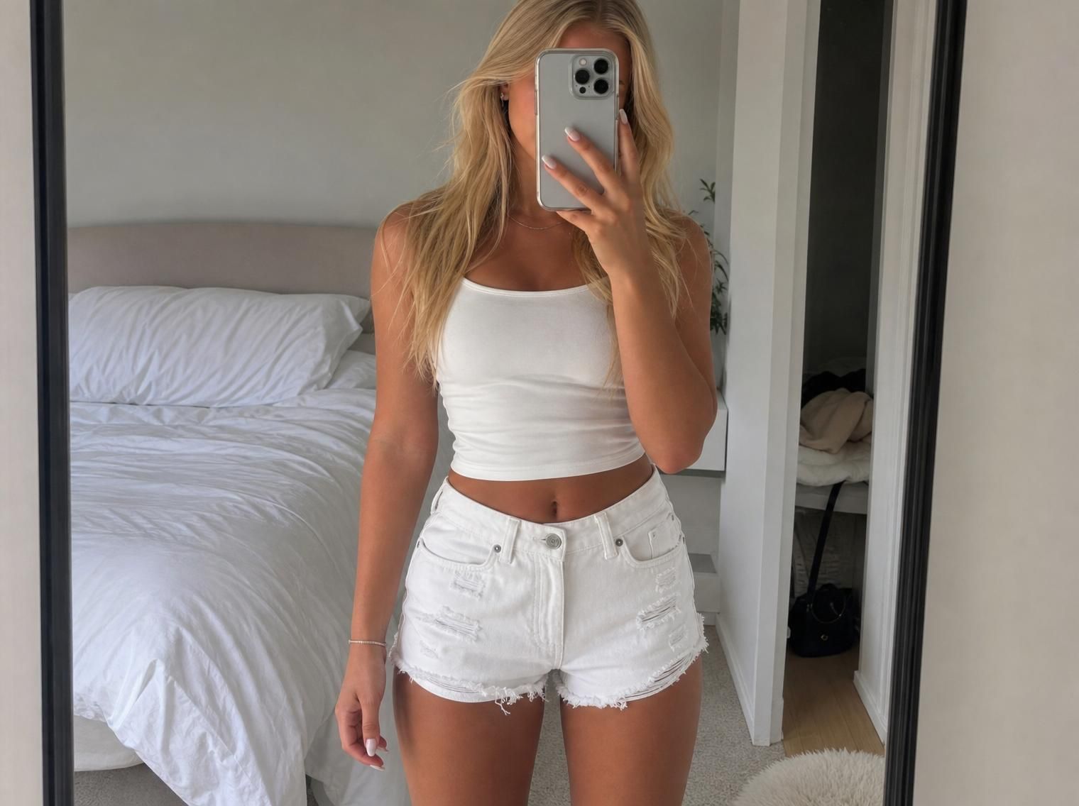 White denim shorts enhanced by Vintefy (Clone mode)